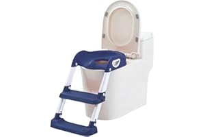 ARASO-UK LTD Potty Training Toilet Seat Trainer Kids Toilet Training Seat with Step Stool Fordable Portable Potty Chair with Adjustable Height Ladder Guard Handle Soft Cushion (Blue)