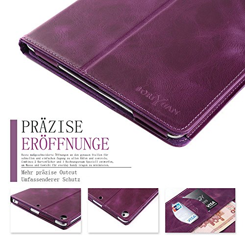 Ipad 9.7 2017 Hülle, Boriyuan Echt Leder Case Schutztasche aus echtem Leder mit Standfunktion, Auto Sleep Wake up und Fach für Kreditkarten, mit Displayschutzfolie + Stylus für das Apple Neu Ipad 9.7 Zoll – (Lila) - 4
