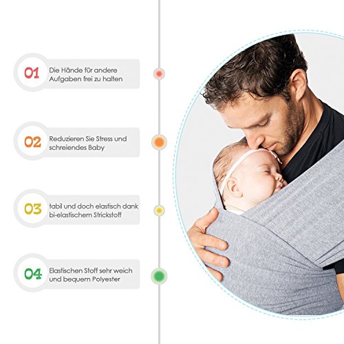 Amzdeal Baby Tragetuch Babytragetuch Bauchtrage Babytrage elastische Tragetuch Träger Baby Wrap Tragehilfe Baby Carrier Sling 5m bis 15kg belastbar(Schwarz/Grau) - 5