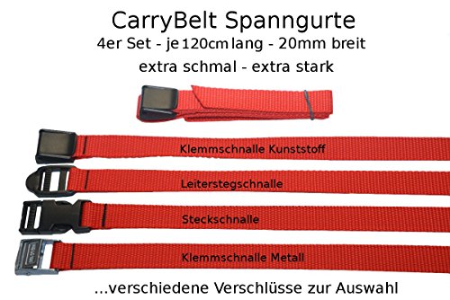 CarryBelt "Reims 20" Spanngurt / Zurrgurt 4er Set mit verschiedenen Verschlüssen wählbar - 20mm breit - 120cm lang / 1teilig - Outdoor Haushalt KFZ Camping Multisport Caravan Motorsport (Steckschnalle)