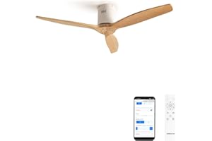 CREATE / WINDCALM DC/Ventilatore da soffitto con WIFI con motore DC bianco, con pale in legno naturale/Silenzioso, timer