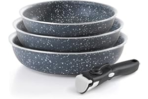 Qulinart by Brandt - Batterie de Cuisine à Induction 4 Pièces - Set de 3 Poêles en Aluminium Anti-Adhésives 20, 24 et 28 cm avec Poignée Amovible - Lot pour Tout Feu - Gris Marbre