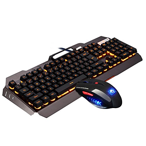 Mftek USB Crack Blue LED Backlit Luminous Illuminated Gaming Keyboard and Mouse Kit For Desktop Gamer with Mouse Pad (13 Inch x 9 Inch) black Gelb Backlit