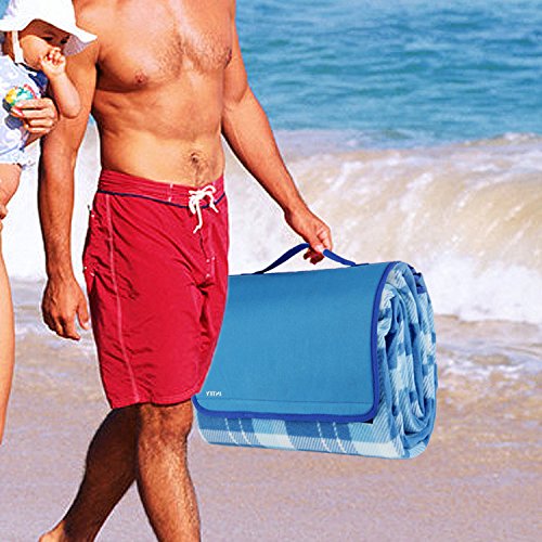 INTEY Picknickdecke 200 x 175 cm mit Weicher Fleece Oberseite und Wasserabweisender Unterseite, Riesengroße Campingdecke mit Handgriff, Blau/ Weiß - 7