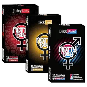 NOTTY BOY Ribbed Dotted Climax Delay Contour, Strawberry Flavoured and Extra Dots Condoms - (3x10s)