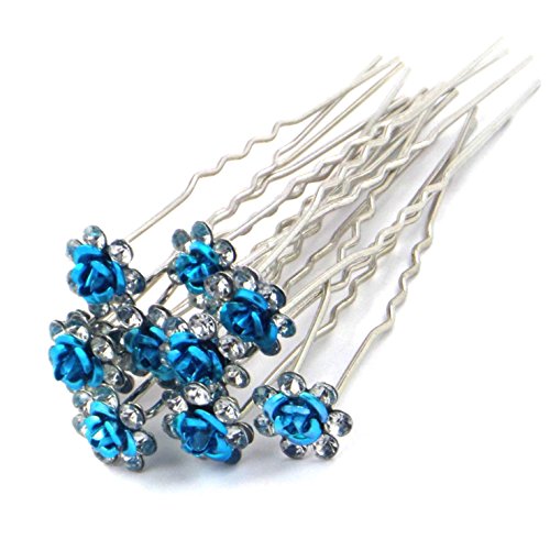 Bride Boutique Bridal Wedding Prom Silver Crystal Diamante Rose Flower Hair Pins Clips Grips (Turquoise)