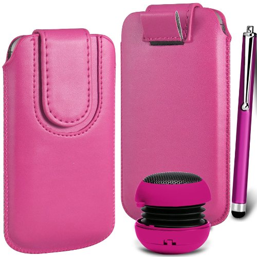 N4U Online Premium PU Leather Pull Flip Tab Case Cover Pouch With Magnetic Strap Closure, Stylus Pen & Mini Portable Speaker For Samsung Galaxy Ace Plus S7500 - Hot Pink