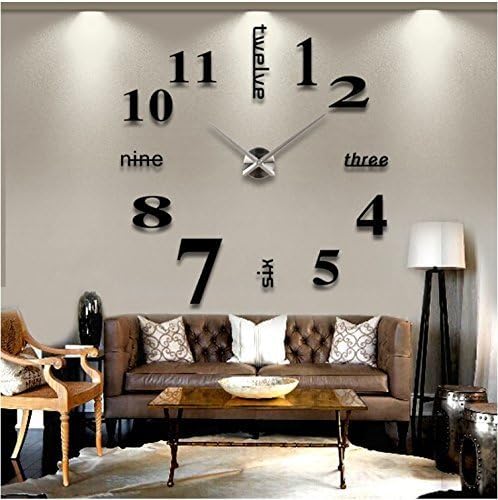 Elikeable DIY Frameless Wall Clock Mirror Number Decoration Craft Home Office Decor Black Gift (Black1)