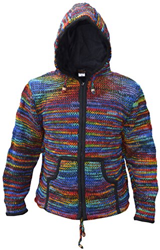 Little Kathmandu Herren Hippie Tie Dye Wolle Handgestrickt Fleece Gefttert Festival Jacke Black Rainbow Tie Dye Large