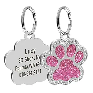 Didog Glitter Rhinestone Paw Print Custom Pet ID Tags,Crystal Stainless Steel Personalized Engrave ID Tags Fit Small Medium Large Dogs and Cats,Pink