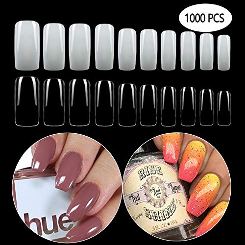 GCOA 1000 Piezas Puntas de Uñas Uñas Postizas Acrílicas Cobertura Completa con Caja para Mujeres Niñas - Natural y Transparente, 10 tamaños