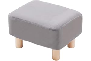 LEITING Footstool Footrest Foot Stool Ottoman Pouffe Padded Rectangle Seat Chair with Beech Wood Legs and Removable Velvet Cover (Grey-B)