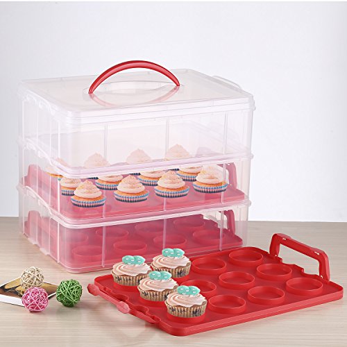 amzdeal 3 Etagen Kuchentransportbehälter 36 Cupcakes Behälter Tragbarer Transportbox für Kuchen, Cookies, Torten, Muffines Rot - 3