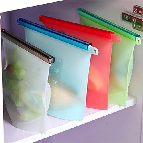 4 Pack Amhii Reusable Silicone Food Preservation Bag Gallon - Zip Sealed Storage Container Vented and Leak-Proof - FDA &amp; SGS Approved Food Grade Silicone