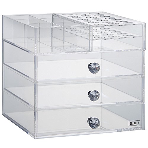 Beautify Make Up/ Jewellery Organiser - Large Clear Acrylic Storage Box , Cosmetic Stand with 3 Drawers, 21 Brush/Lip Gloss Holders & 6 Individual Top Sections