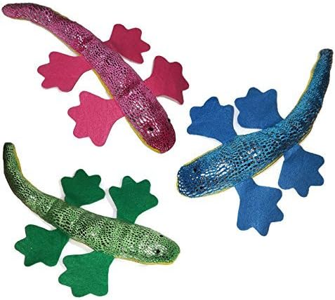 Set of 3 11 Lizards Glitter Stuffed Plush Animals Pink Green and Blue w Beady Eyes