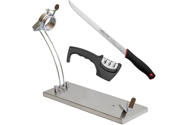 Support à jambon inoxydable pliable et rotatif professionnel avec base antidérapante pour couper les jambon et les palettes, comprend un couteau professionnel + aiguiseur | Elite (Inox + Couteau)