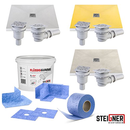 STEIGNER Duschelement Dichtset Nr.1 — 10m Dichtband 7,5kg Flüssiggummi 2x Innenecke 2x Wandmanschette 1L Tiefengrund — Abdichtung Dicht Set Abdichtungsset Fliesenabdichtung - 6
