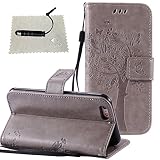 Hülle für Appple iPhone 6 Plus / 6S Plus Muster, TOCASO Ultra Thin PU Leder Flip Cover Tasche Ledertasche Handytasche Schutzhülle für iPhone 6 Plus / 6S Plus Buchstil Handyhülle Protective Case Etui Bumper Schale Wallet vollständig schützende Design Katzen und Baum mit Magnetverschluss Ständerfunktion ID Karte Slots Pouch Soft Silikon Backcover Rückseite shell kunstlederhülle + Schwarz Stylus Pen Grau