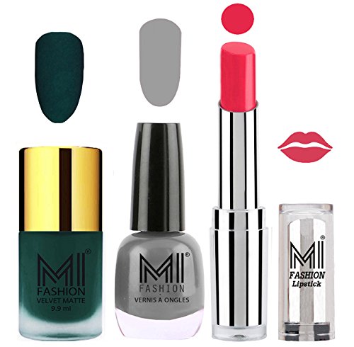 MI Fashion® Premium Quality Super Saver Nail Polish and Lipstick Combo - Dark Green Matte Nail Polish,Grey Shine Nail Polish and Magenta Lipstick Set of 3