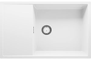 Evier Cuisine en Granit Blanc, 78 x 50 cm, Lavabo 1 bac + Kit de Vidage Classique, Évier à Encastrer de Primagran