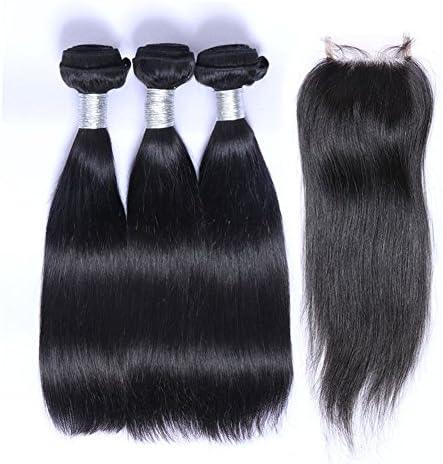 Puddinghair Brazilian Virgin Human Hair Bundles With Closure,Straight 3 Bundles With 4*4 Lace Closure Human Hair Wigs（24''26''28''）