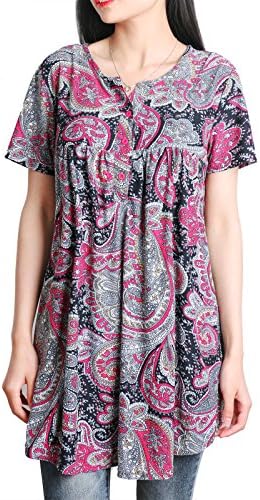 Designer Shirts For Women,DSUK Women's Notch Neckline Paisley Draped Hem Wide Bottom Lounge Buttons Details Beautiful Attractive Ruching Smart Loose-Fitted Clothes Floral Printing Tunics Rose Large