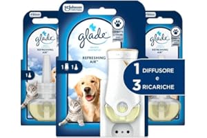 Glade liquido elettrico Profumatore per Ambienti con Oli Essenziali, Fragranza Refreshing Air™, Combatte gli odori degli animali domestici, 1 Diffusore e 3 Ricariche