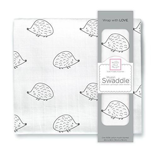 SwaddleDesigns X-Large Muslin Swaddle Blanket, Hedgehog (Black)