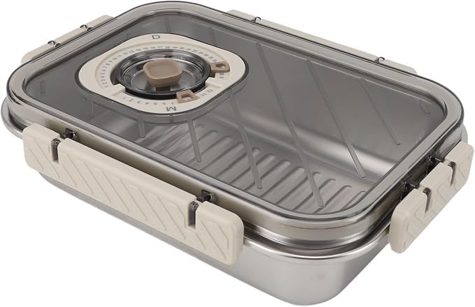 MallArt® Paslanmaz Çelik Saklama Kabı, Tarih İndikatörlü Sızdırmaz Bento Yemek Kabı, Kilitli Kapaklı Ev Akıllı Gıda Koruyucu Sefer Tası (1LT Dikdörtgen)