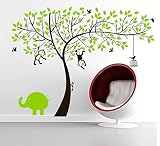 Rainbow Fox Affe und Elefant Spielen auf Riesenbaum-Wandtattoo Wandaufkleber für Kinderzimmer Dekoration