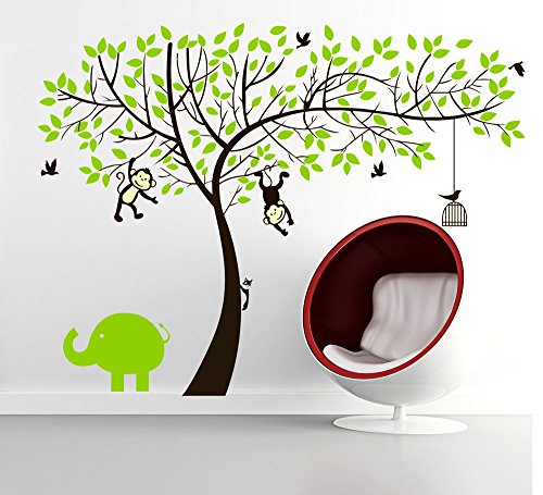 Rainbow Fox Affe und Elefant Spielen auf Riesenbaum-Wandtattoo Wandaufkleber für Kinderzimmer Dekoration