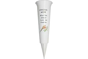 WIDDLE GIFTS Memorial Grave Flower Pot - 33cm tall Sturdy White Memorial Graveside Flower Vase with Spike and Robin Image (Special Mum 8712)