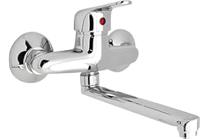 Ogomondo Miscelatore Rubinetto A Muro per Lavello Cucina Erogazione Orientabile Cromato Lucido a Specchio Canna Regolabile Monocomando Completo di Guarnizioni