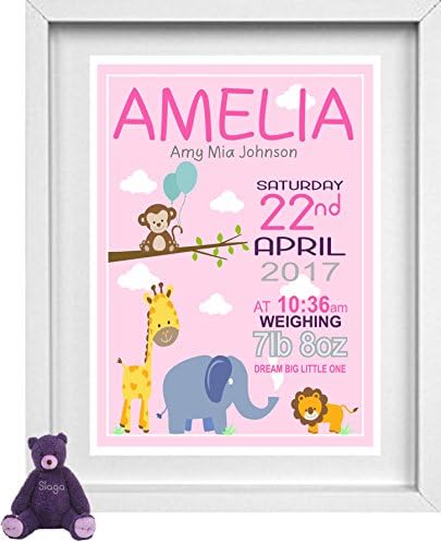 Personalised Nursery Picture | Baby Girl | Zoo | Name, Date, Weight, Time | NP175