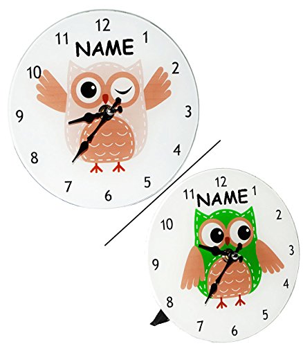 Wanduhr / Tischuhr / Standuhr - aus Glas - lustige Eule - 18 cm Uhr - groß - für Kinderzimmer Kinderuhr - Analog - leise - fast lautlos / Mädchen Jungen - Kinder / Erwachsene - Eulen Blätter Glasuhr modern - Design