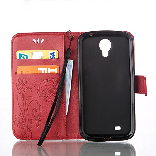 Galaxy S4 Hülle,Galaxy S4 Case,Galaxy S4 Leder Wallet Tasche Brieftasche Schutzhülle,ikasus® Prägung Schmetterling Blumen Muster PU Lederhülle Flip Hülle im Bookstyle Cover Schale Stand Ständer Etui Karten Slot Schutzhülle Grau Tasche Wallet Case für Samsung Galaxy S4 i9500 – Groß Schmetterling:Rot - 3