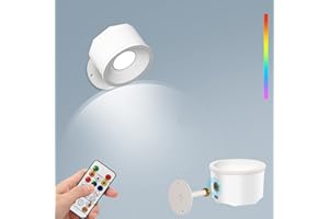 Auezona Aplique Pared Interior con Pilas Regulable, Giratoria de 360°,3 Niveles de Brillo, Lampara Pared Sin Cable Blanca con Control Remoto para Dormitorio, Sala, Pasillo