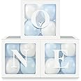 XBL Baby Boy First Birthday Party Decorations 'ONE' Letters Individual Three White Transparent Square Boxes with 24 Balloons Decor for 1 Year Old Baby Birthday Party Decor Backdrop Favors (Blue)