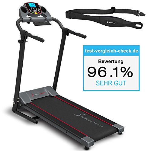 Sportstech F10 Laufband mit Smartphone App Steuerung, Pulsgurt im Wert von 39,90 € inklusive, Bluetooth, 1PS, 10 KM/H, für Geh- und Lauftraining mit 13 Programmen – kompakt klappbar verstaubar - 2
