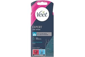Veet Expert Waxing Strips for Sensitive Skin - 20 Cold Wax Strips & 4 Finish Wipes for Eyebrow, Facial Hair Removal - Hydrating, Exfoliating, Ideal for Face