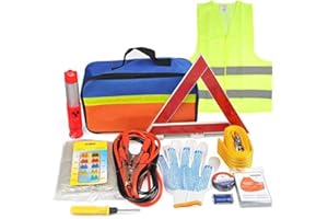 QUETA Kit d'urgence voiture 12 pièces Trousse de secours Kit de sécurité pour jeune conducteur Voiture Fusibles plats pour auto 3m Corde de remorquage câbles de démarrage de 2 m avec pinces cuivrées 500A