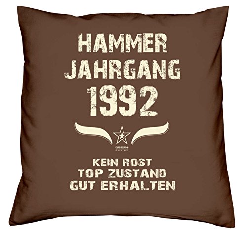 Geschenk 25. Geburtstag :-: Geschenk Idee Geburtstags Deko-Kissen Sofakissen Dekokissen Jahreszahl Aufdruck :-: Hammer Jahrgang 1992 :-: Größe: 40x40cm & Geburtstags-Urkunde Farbe: braun - 5