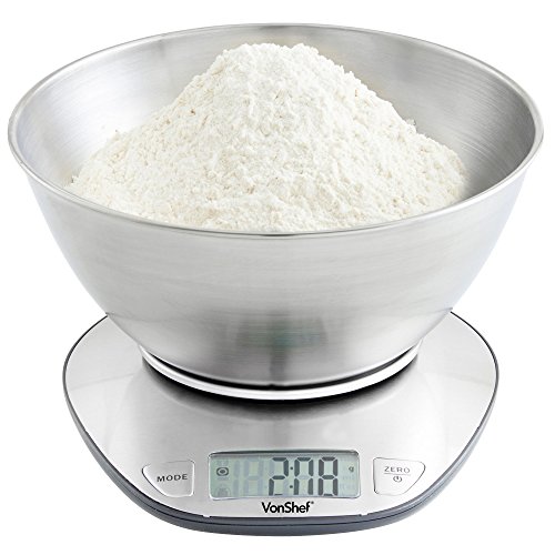 VonShef Digital Elektronisch Rührschüssel Küchenwaage mit 5 kg Kapazität - Edelstahl - GRATIS 2-Jahres-Garantie
