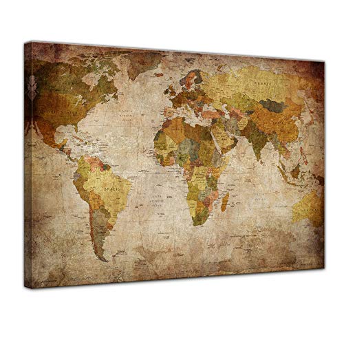 Bilderdepot24 Cuadros en Lienzo Retro Mapa del Mundo - 60 x 50 cm - Listo tensa, Directamente Desde el Fabricante