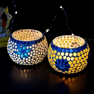 Yalambar Tealight Candle Holder Mosaic Glass Design - Ideal for Diwali Decorations Items Home Diwali Gifts (Pack of 2)