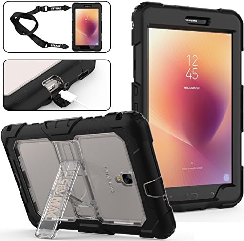 Samsung Galaxy Tab A2 S - 8.0" Case, SAYMAC Shoulder Strap &amp; Kickstand Case, Full Body Shockproof / Drop Protective Rugged Silicone Defender Case for Samsung Galaxy Tab A 8.0" 2017 Released [SM-T380/T385] (Clear/Black)