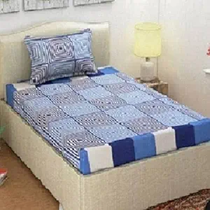 Cotton Villas 3D Printed Microfiber for Single bedsheet for Single Bed Blue Box Check with 1 Pillow Cover Microfiber and Cotton Mix Color White (88 X 60 inch )