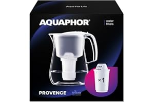 AQUAPHOR Filtre à eau Provence blanc avec 1 filtre A5 I Carafe pour 4,2 l I Grand filtre à eau aspect verre I Réduit le calcaire et le chlore I Filtre à eau de table I Récipient élégant I Parfait pour