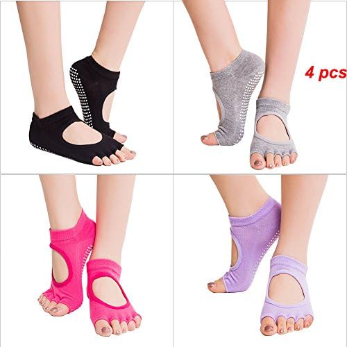 Women Yoga Socks Non Slip Half Toe Yoga Socks Grip Lady Dance Socks for Fitness, Ballet, Pilates, Dance (4 Pairs - Black, Gray, Red, Purple)